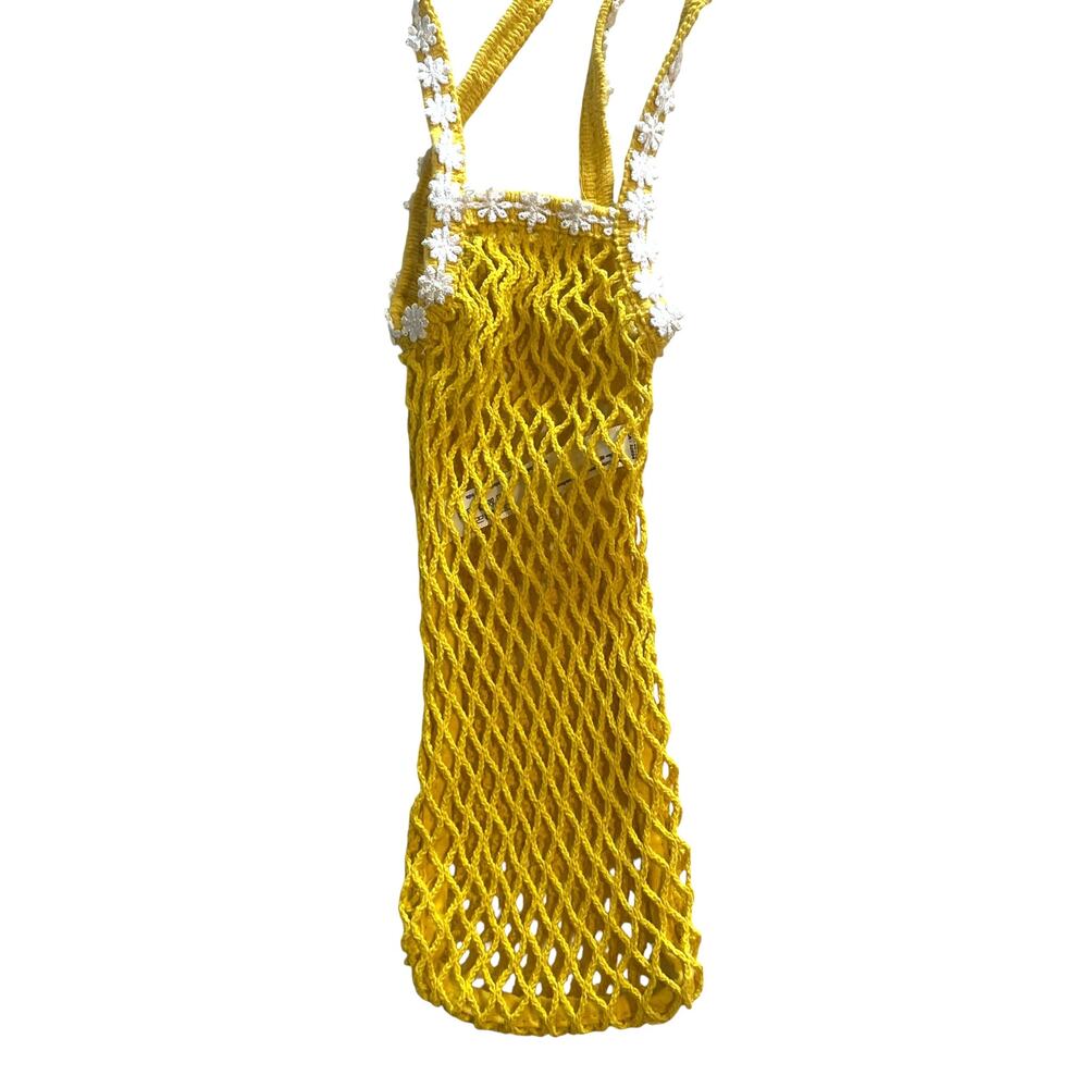 UO Urban Outfitters Bottle Carrier Yellow Daisy Trim Woven Market Bag Festival - Picture 5 of 9